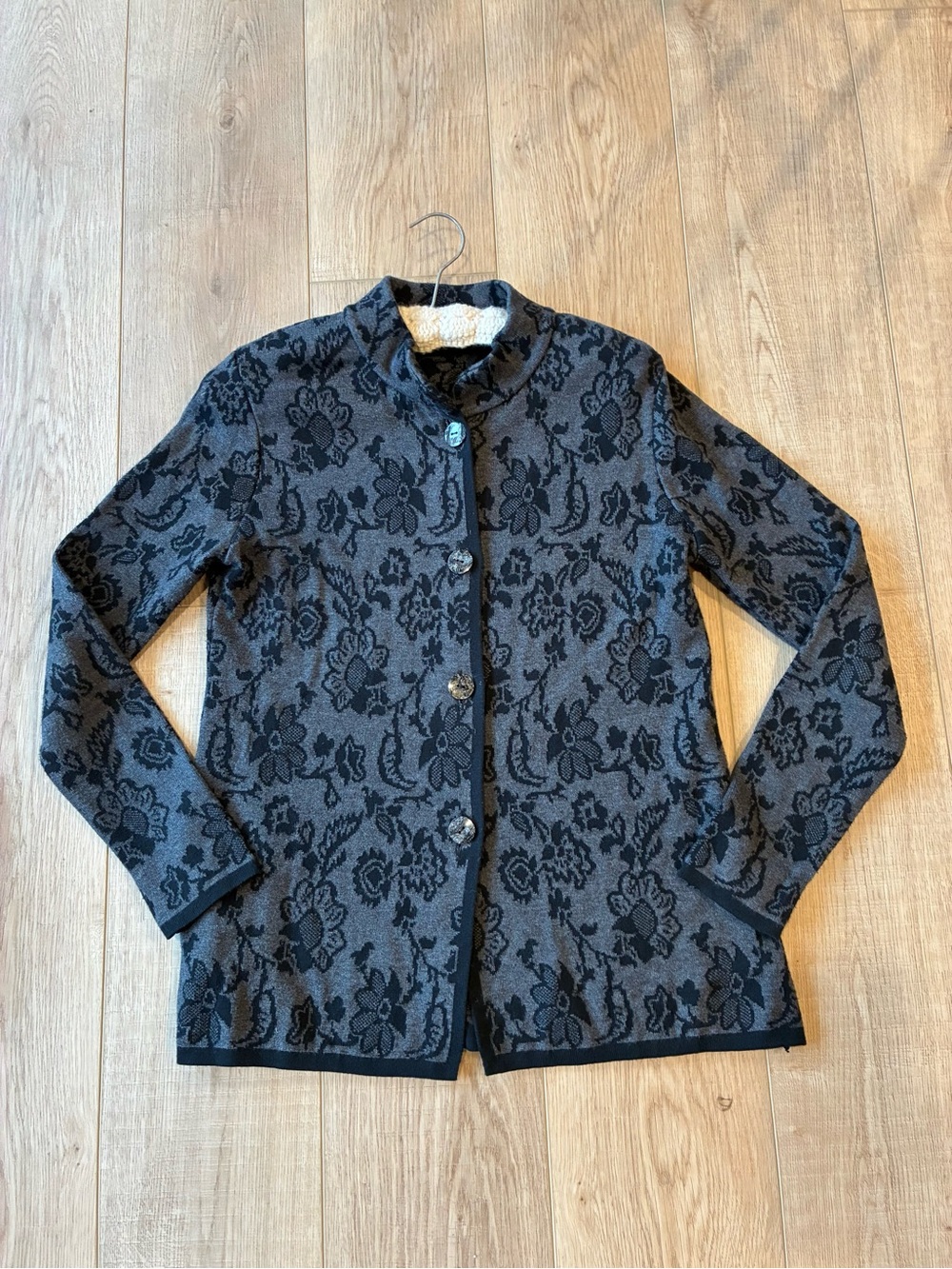 Skovhuus charcoal Gray/black Floral Knit Button-Front Cardigan mock neck cottage